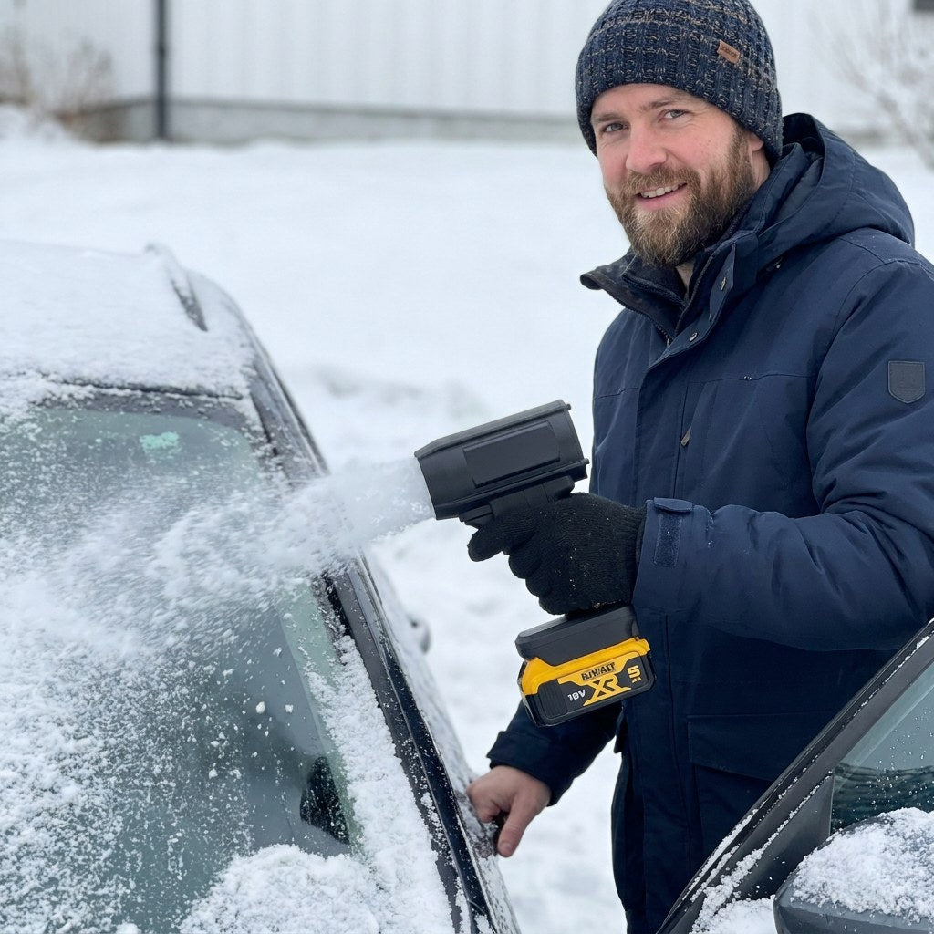 Airjet blåser lett nysnø av frontruta på bilen